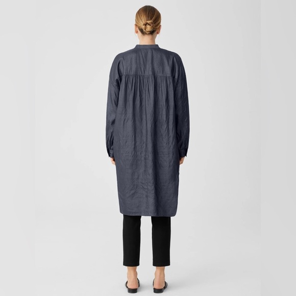 Eileen Fisher Washed Silk Tussah Mandarin Collar Navy Blue Shirtdress - Size XS - Picture 9 of 9